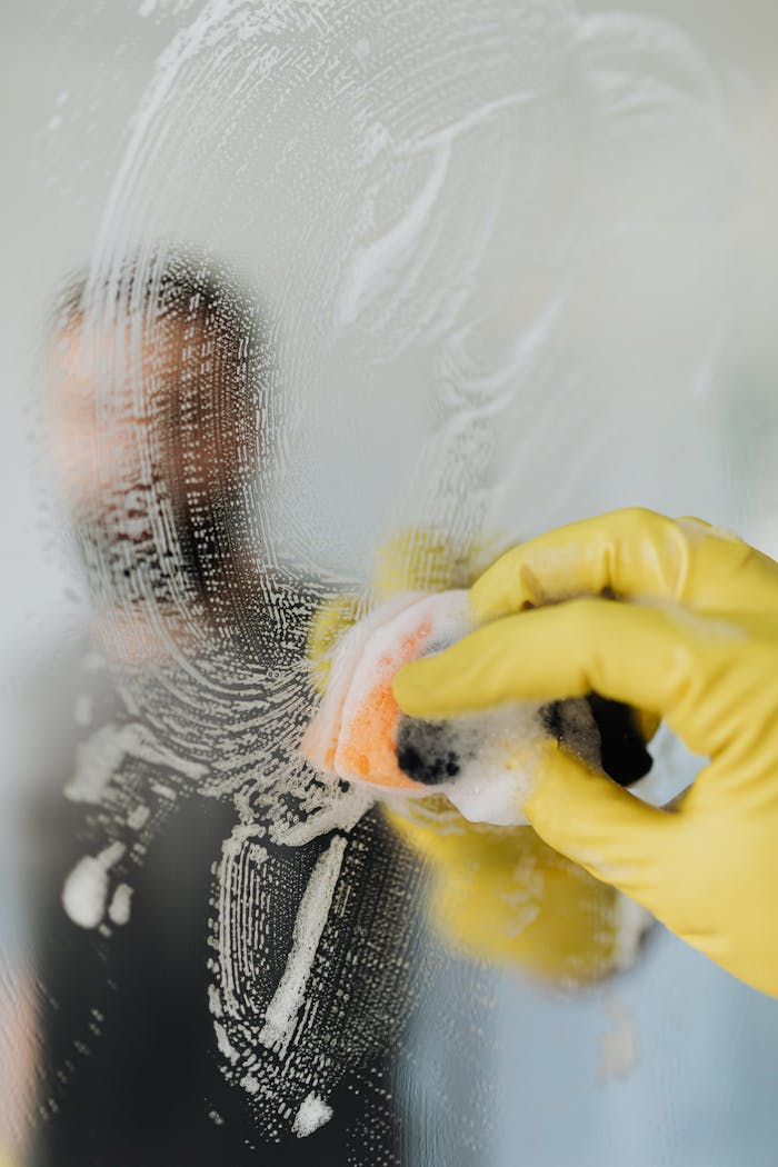 services-02 A man wearing yellow gloves cleans a bathroom mirror with a soapy sponge, ensuring hygiene and cleanliness.